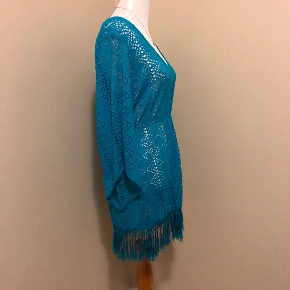 Sessa Turquoise Crochet Swimsuit Coverup w/Tassels,Size-Large - Picture 4 of 6